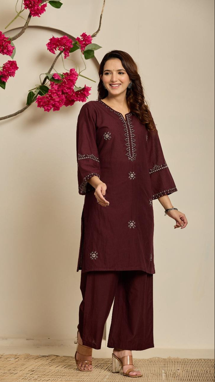 Embroidered Cotton Kurta Set for Women – 3/4 Sleeve, Straight Fit with Pants