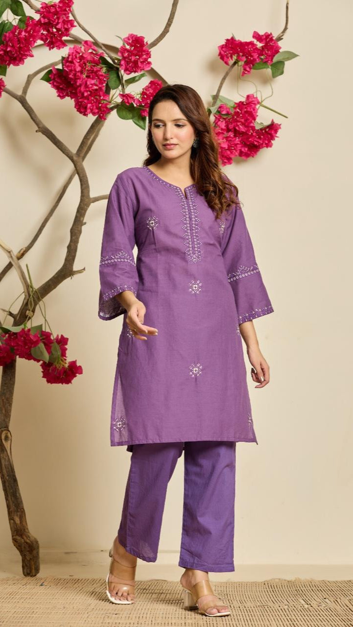 Embroidered Cotton Kurta Set for Women – 3/4 Sleeve, Straight Fit with Pants