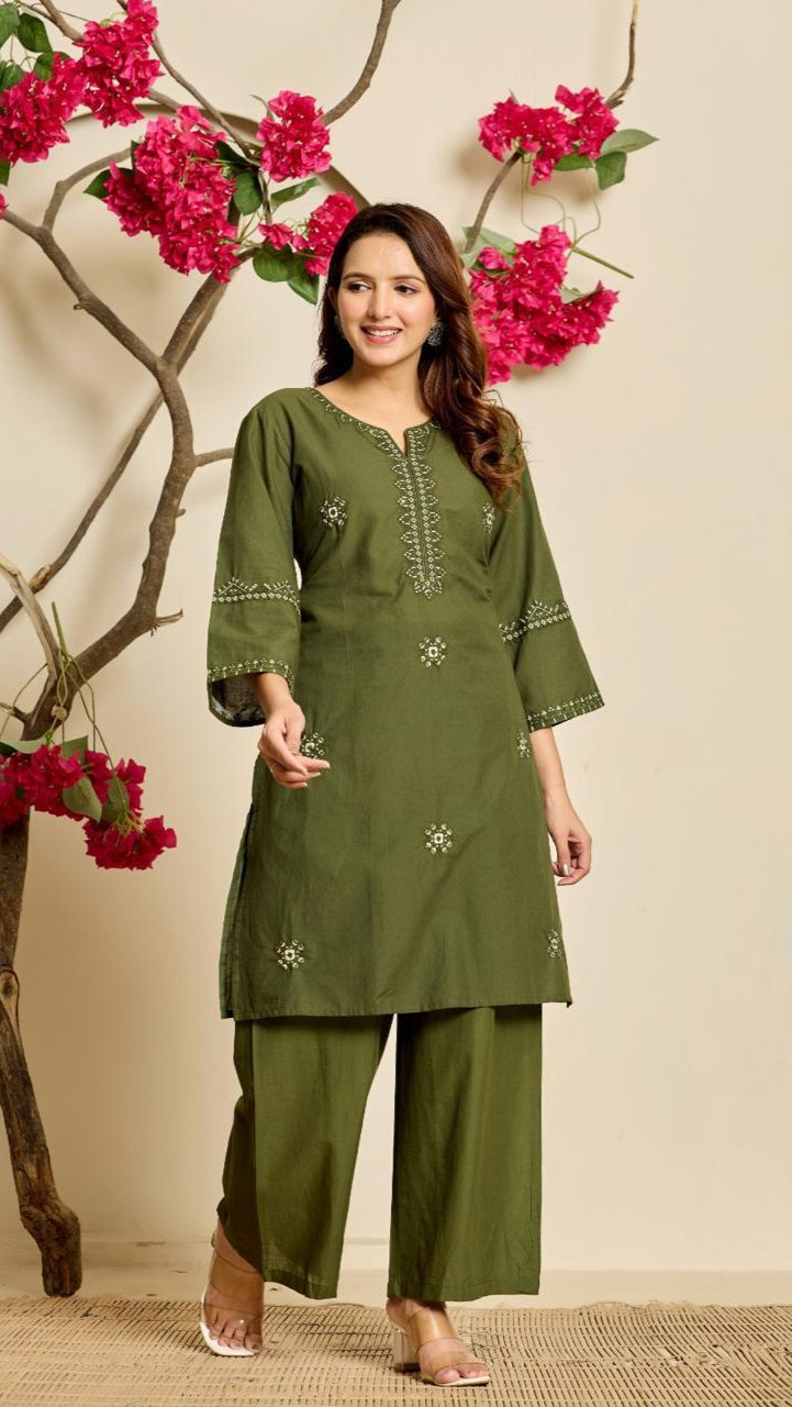 Embroidered Cotton Kurta Set for Women – 3/4 Sleeve, Straight Fit with Pants