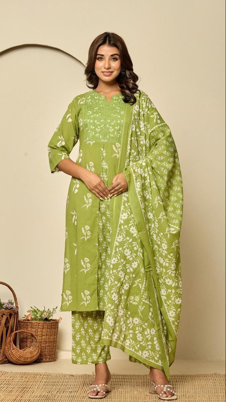 Floral Print Cotton Kurta Set with Embroidered Yoke & Dupatta