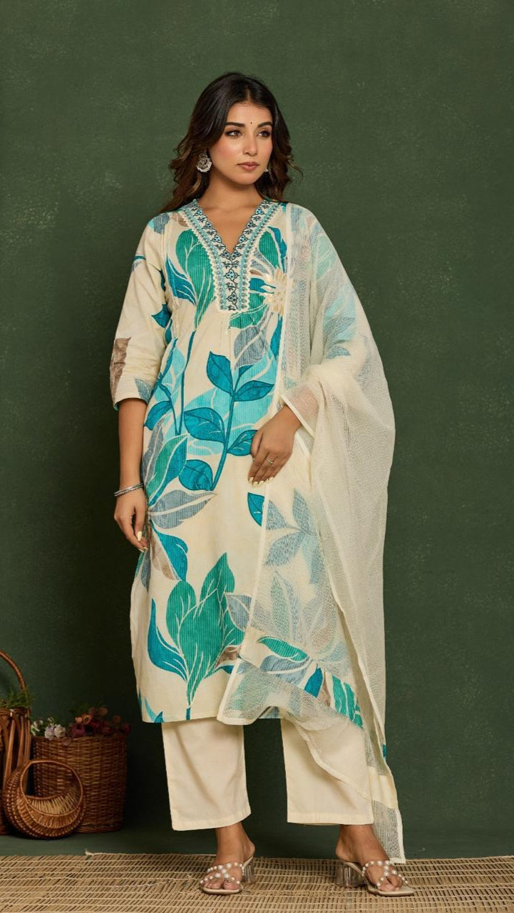 Floral Printed Cotton Kurta Set with Dupatta – Elegant Ethnic Wear for Women