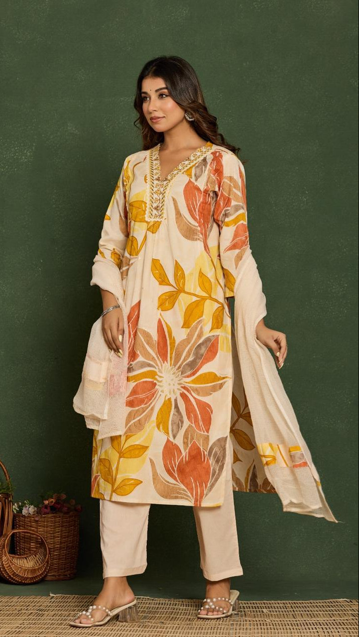 Floral Printed Cotton Kurta Set with Dupatta – Elegant Ethnic Wear for Women