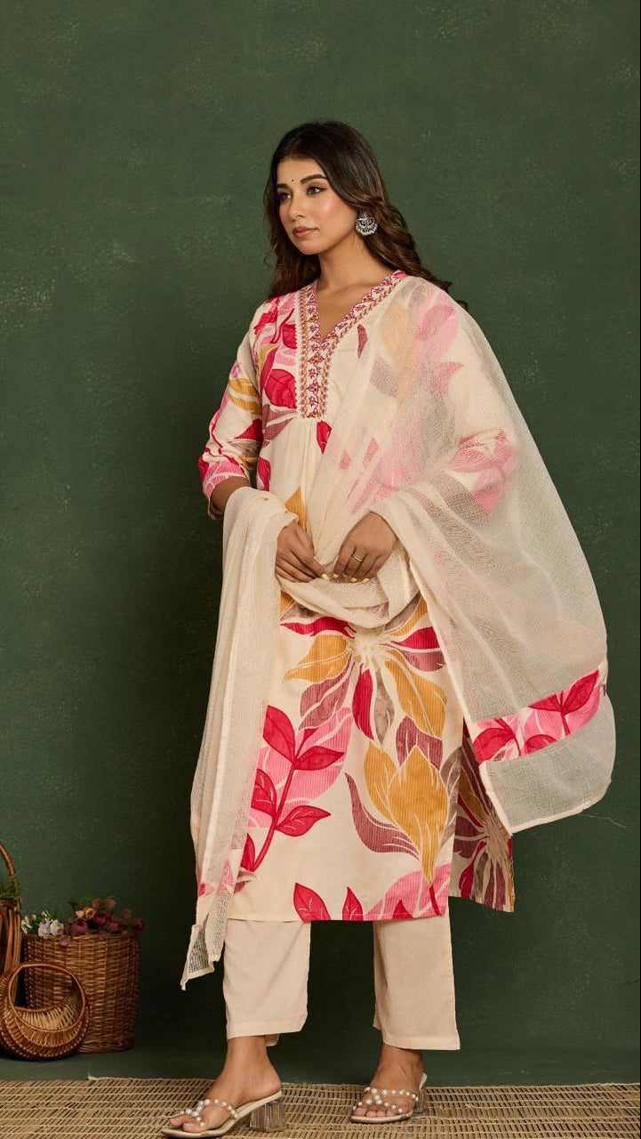 Floral Printed Cotton Kurta Set with Dupatta – Elegant Ethnic Wear for Women