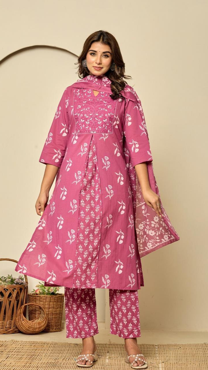 Floral Print Cotton Kurta Set with Embroidered Yoke & Dupatta