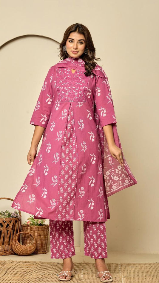 Floral Print Cotton Kurta Set with Embroidered Yoke & Dupatta